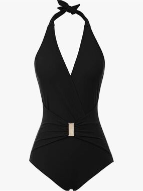 Grace Karin Black Halter One-Piece Swimsuit with Gold Accent